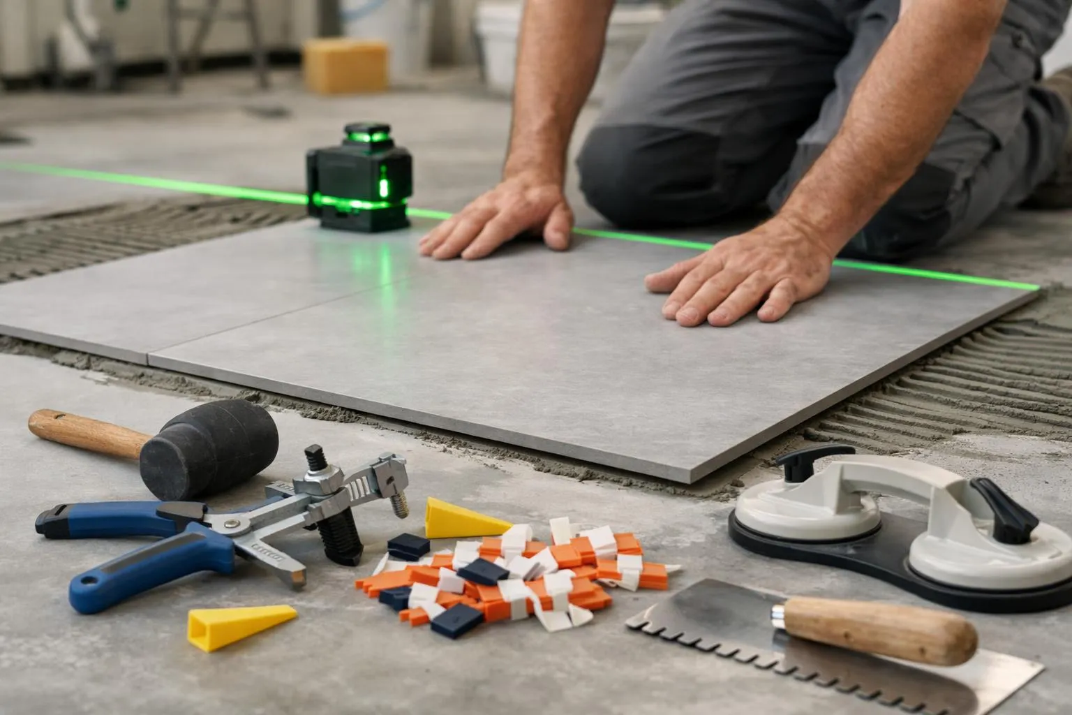 Carreleur professionnel suisse vérifiant méticuleusement la planéité d'une dalle de salle de bain avec un niveau laser, avant la pose de grands carreaux 120x120 cm empilés à l'arrière-plan, outils spécialisés visibles incluant des ventouses de levage industrielles