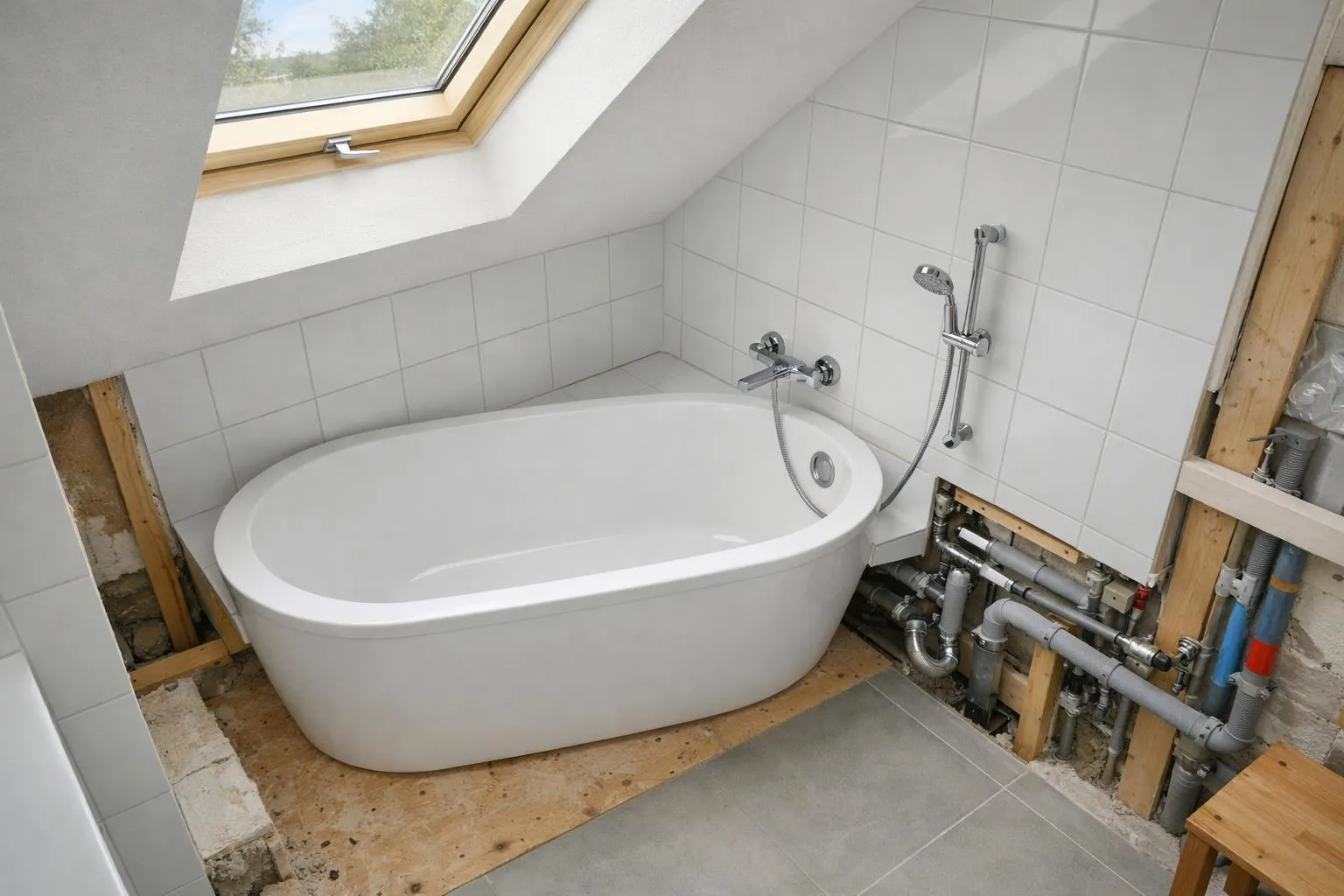 Salle de bain avec baignoire ovale, carrelage gris et fenêtre de toit.