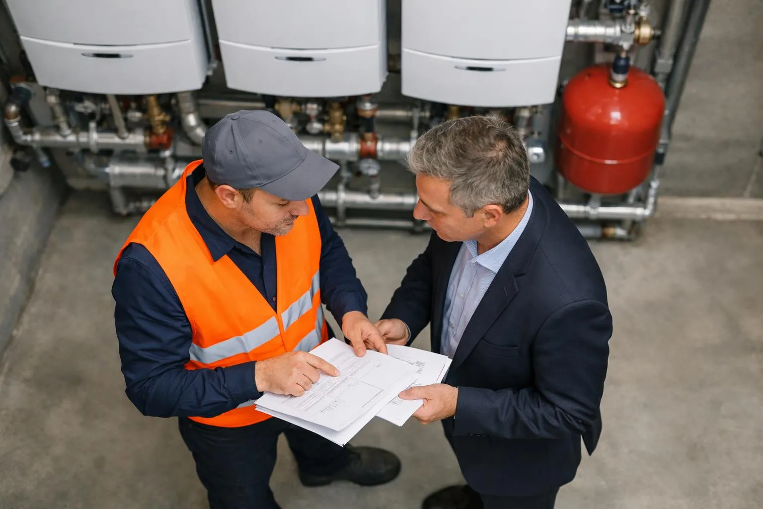 Professional heating system specialist in safety vest showing technical documents to property manager in modern Geneva apartment building boiler room, with wall-mounted heating units visible in background, natural lighting, realistic business photography style