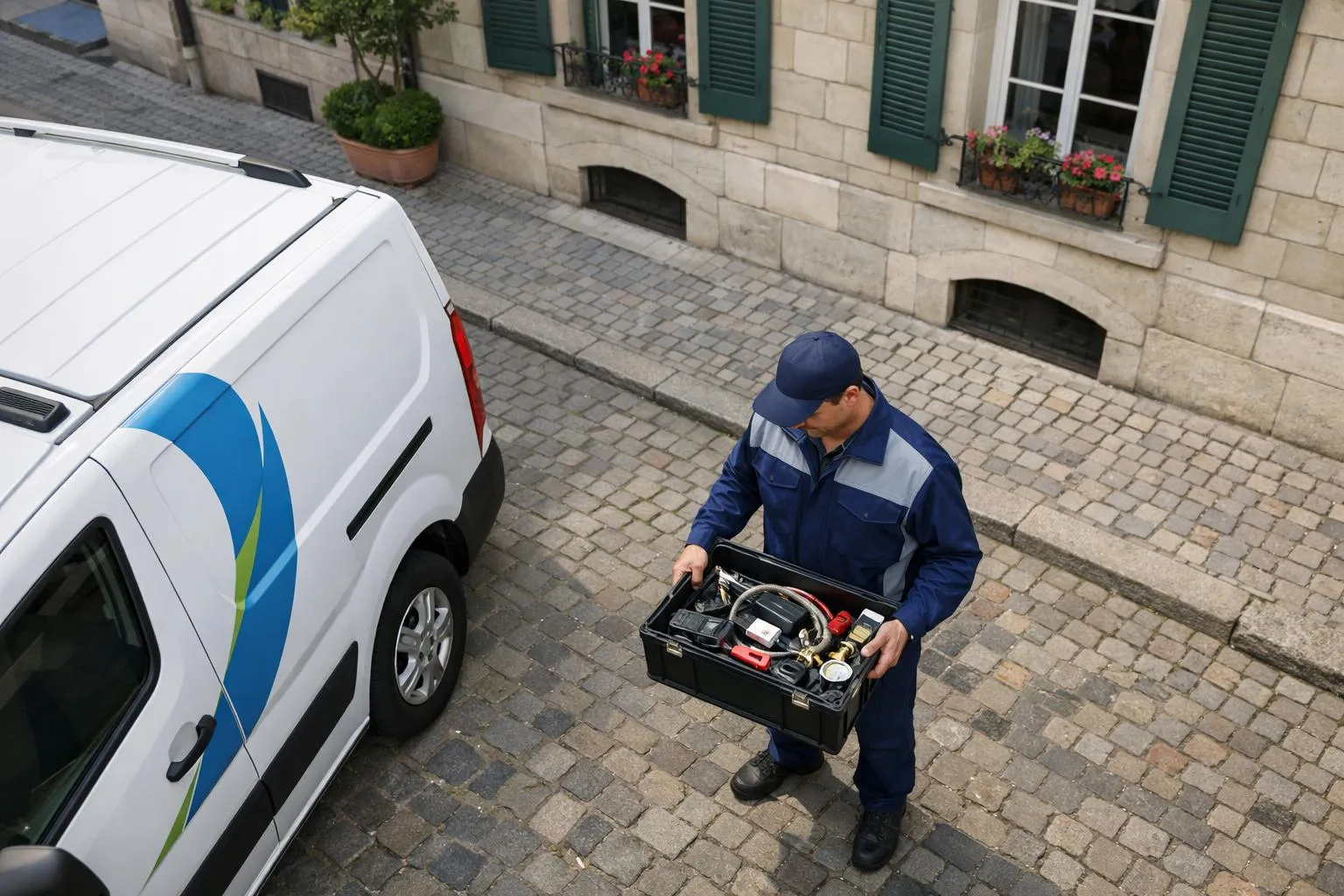 Professional Oclaire SA service technician in work uniform carrying radiator maintenance equipment case, standing beside branded company van parked on cobblestone Geneva street, recognizable Swiss residential building facade with balconies visible in background, morning natural lighting