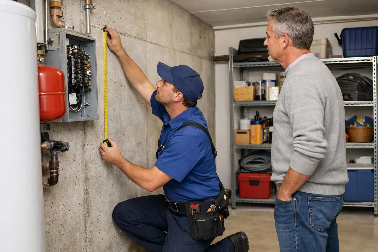 Professional plumber in clean uniform examining basement utility room with measuring tape, checking wall structure and existing electrical panel, homeowner observing, Swiss residential setting with proper lighting and organized space