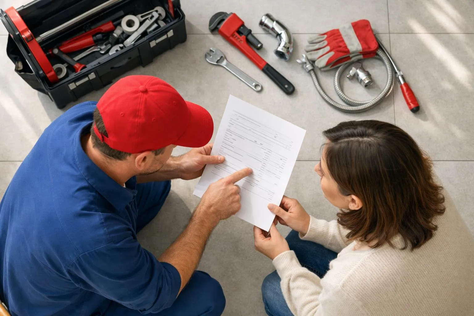 Professional plumber in uniform showing a clear pricing document to a homeowner in a modern Lausanne apartment, with plumbing tools and a toolkit visible in the background, natural daylight through window, professional and trustworthy atmosphere