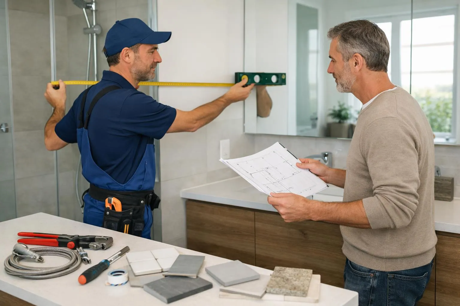 Professional tradesperson in work uniform measuring a modern bathroom space with tape measure and level tool, consulting with client holding building plans, tools and tile samples visible on counter, natural lighting, realistic consultation scene showing expertise and planning