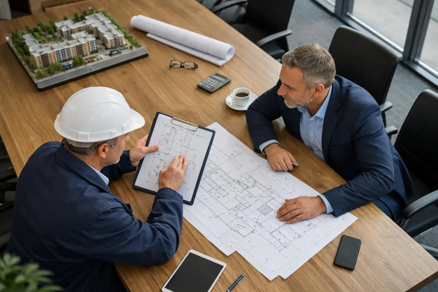Deux hommes d'affaires examinant des plans architecturaux sur un bureau.