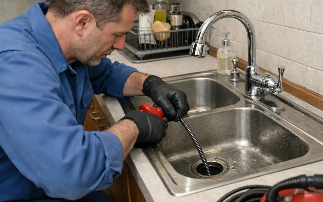 Débouchage furet par un plombier dans une cuisine avec un évier bouché.