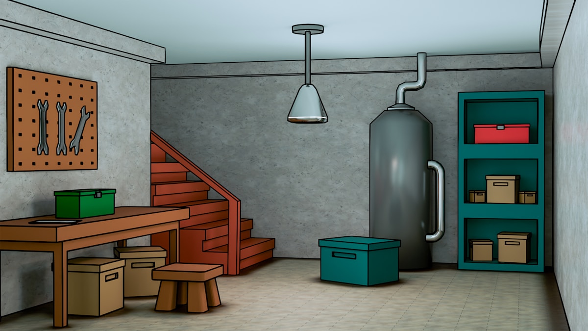 Intérieur de garage avec étagères, boîtes de rangement et escalier en bois.