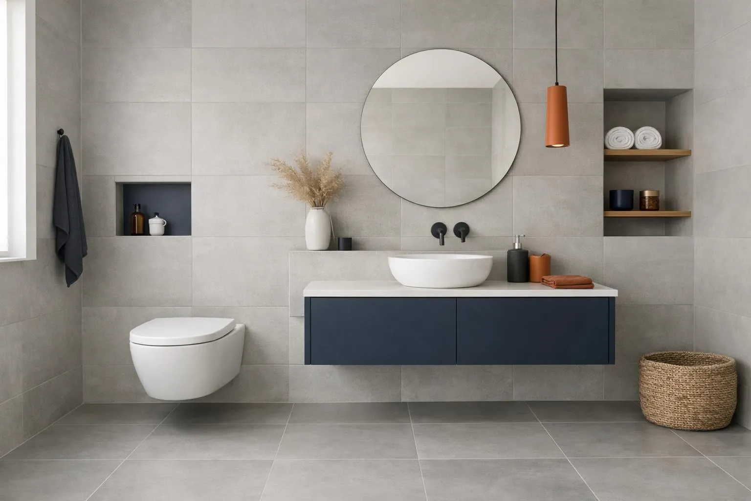 Salle de bain moderne avec carrelage gris, meuble vasque bleu et miroir rond.