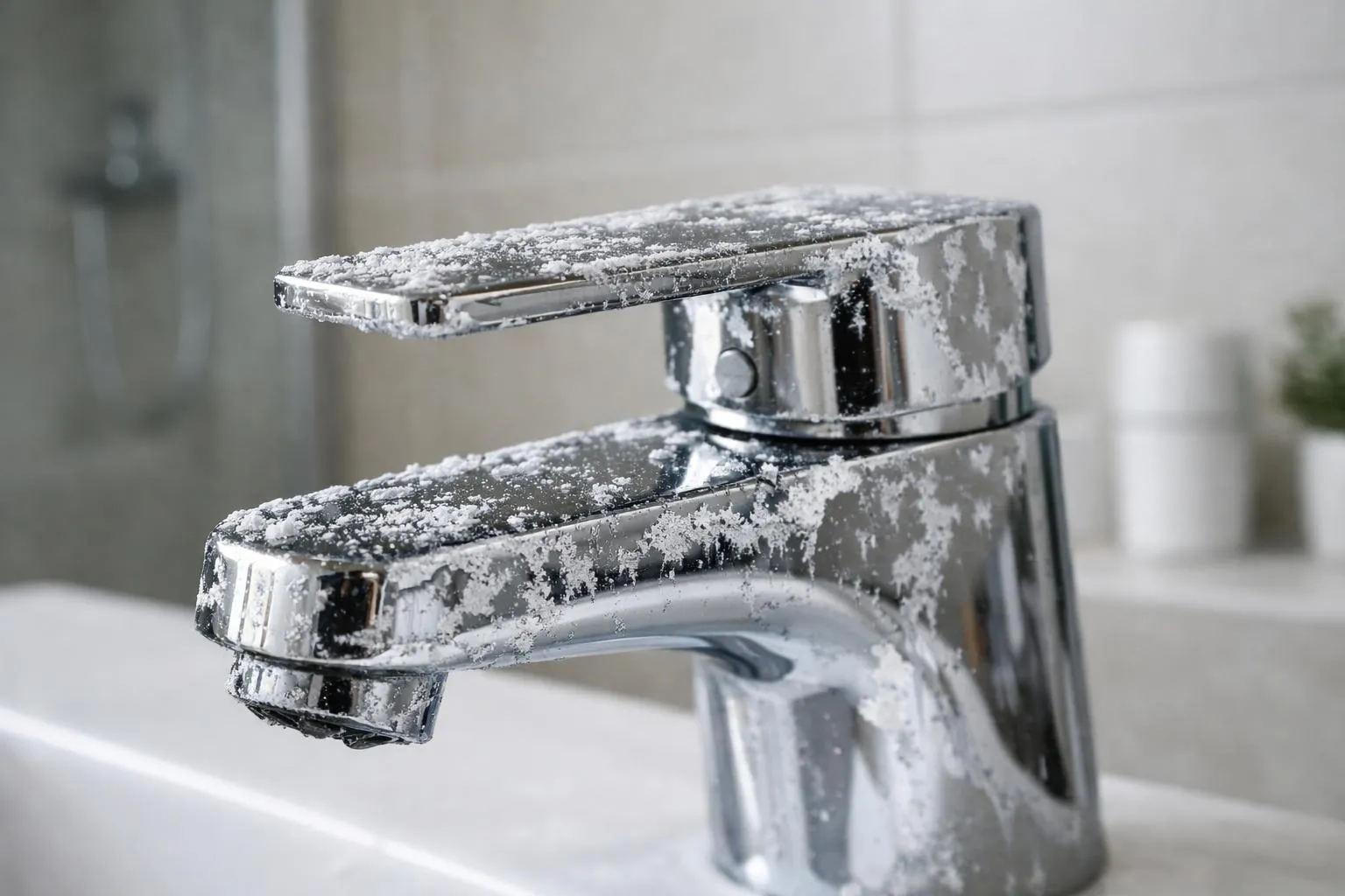 Robinet de salle de bain recouvert de givre.