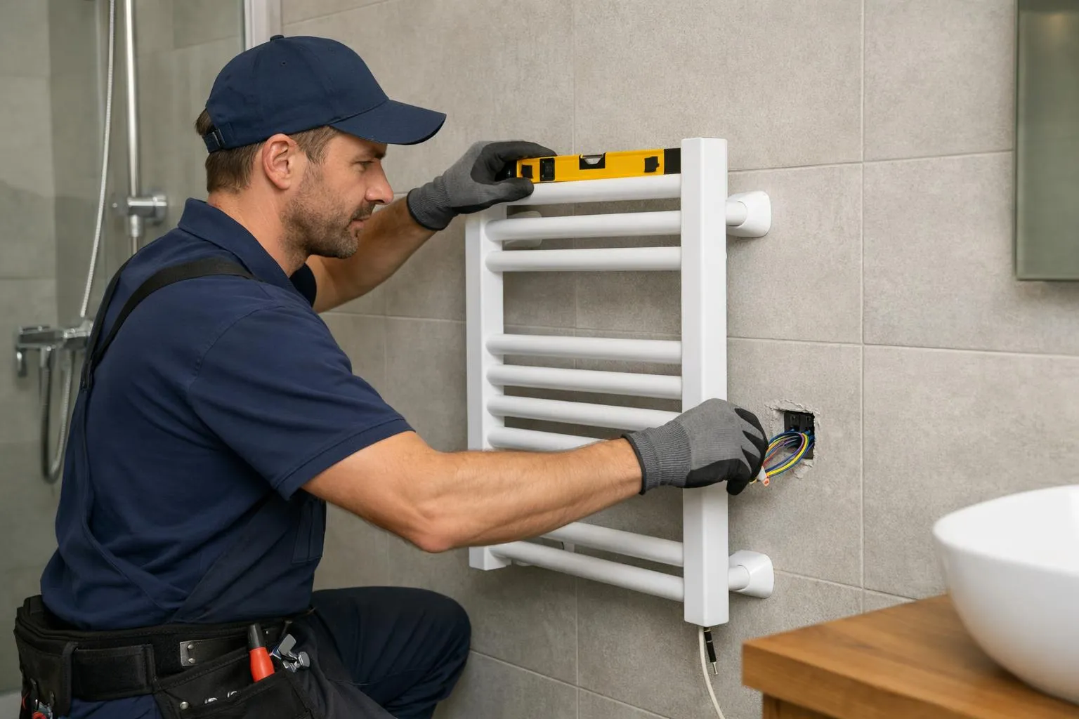 Plombier installant un radiateur électrique dans une salle de bain.