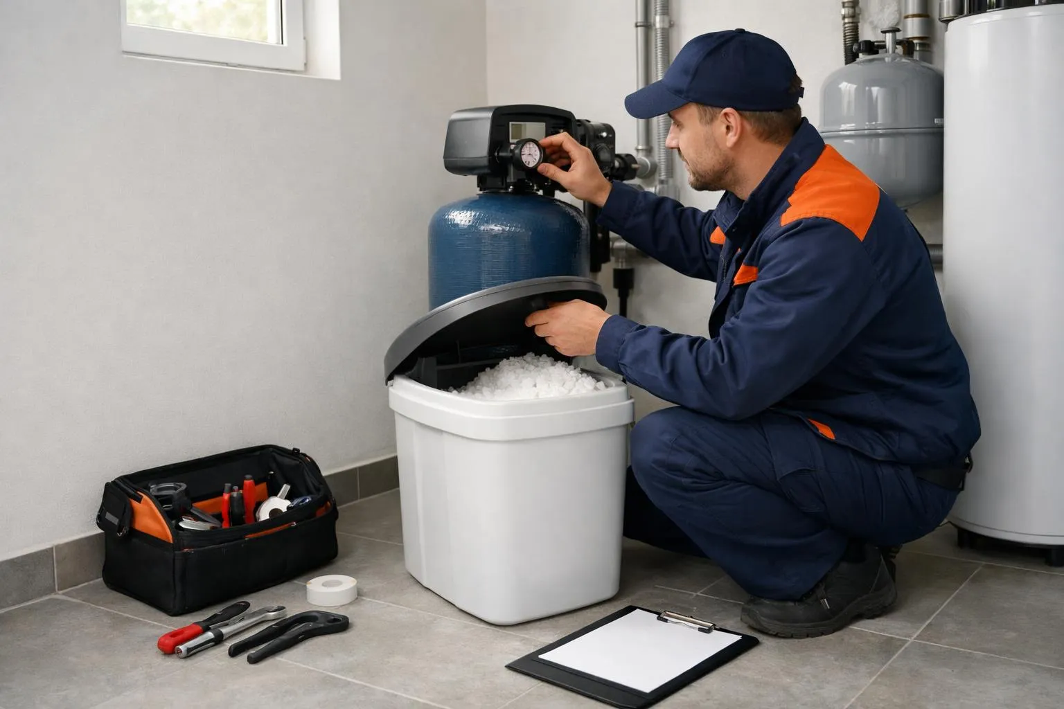 Technicien réparant un système de filtration d'eau dans une salle de bain.