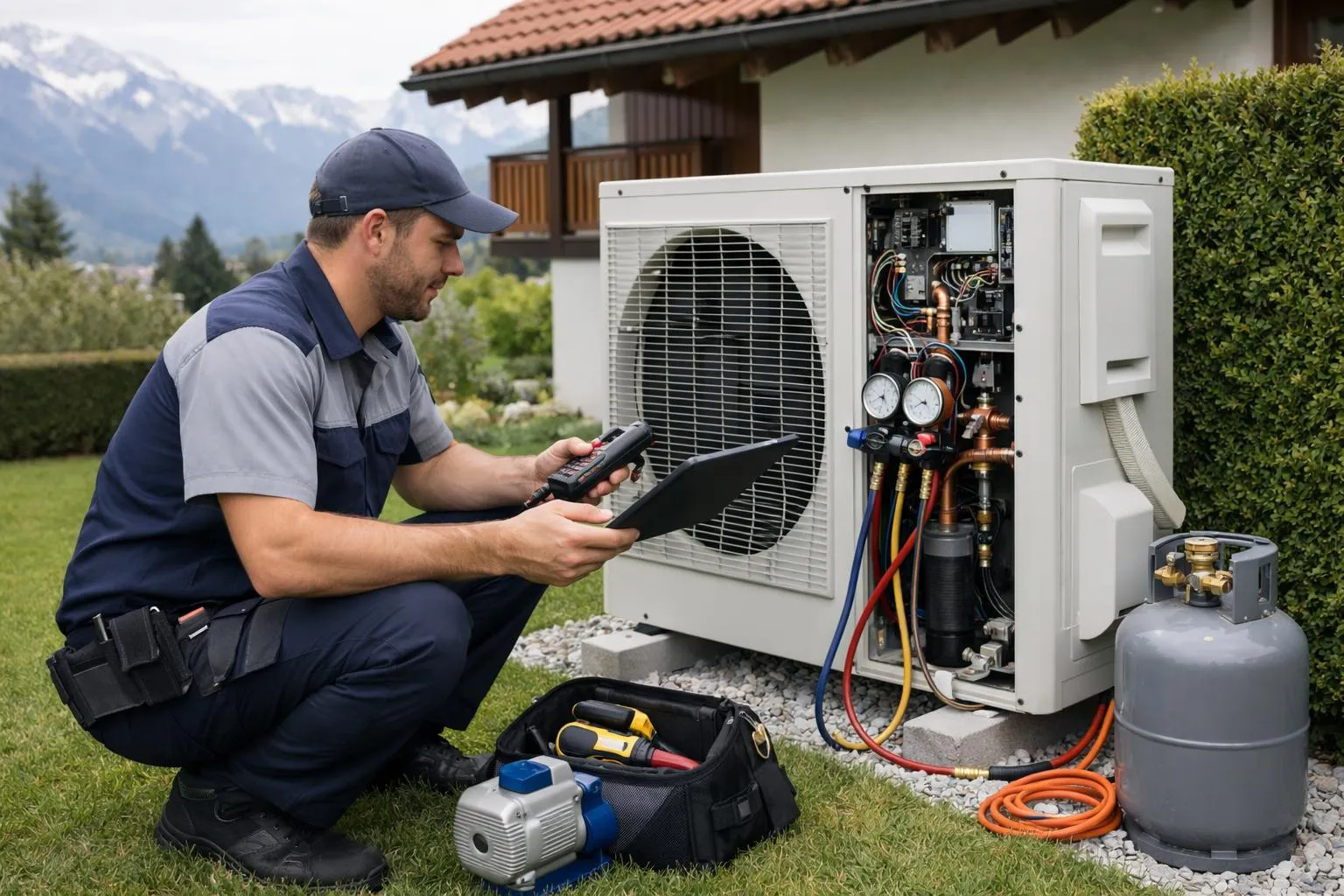 Technicien réparant un climatiseur extérieur dans un jardin montagneux.