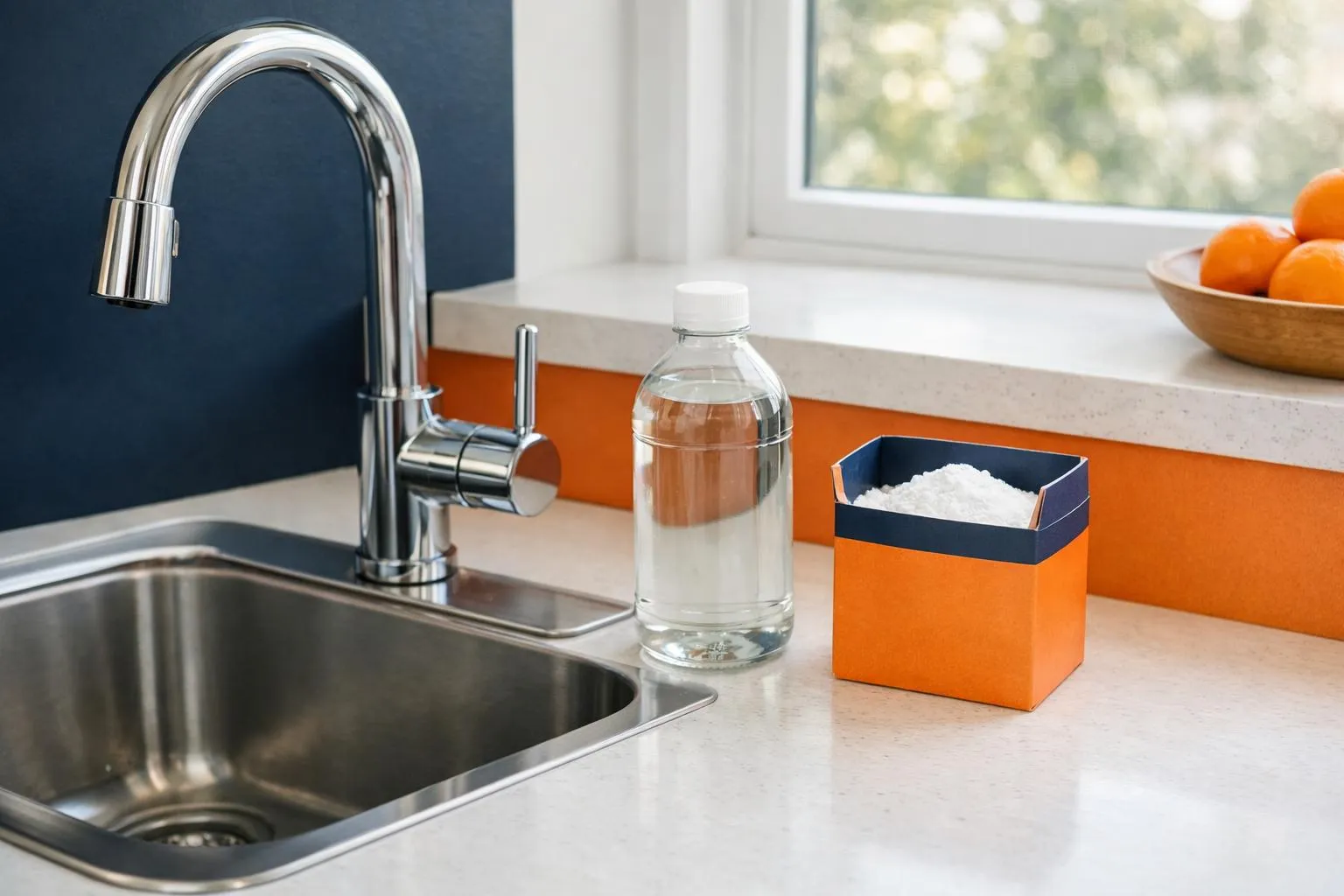 Évier de cuisine moderne avec robinet chromé, bouteille d'eau et boîte de sel.