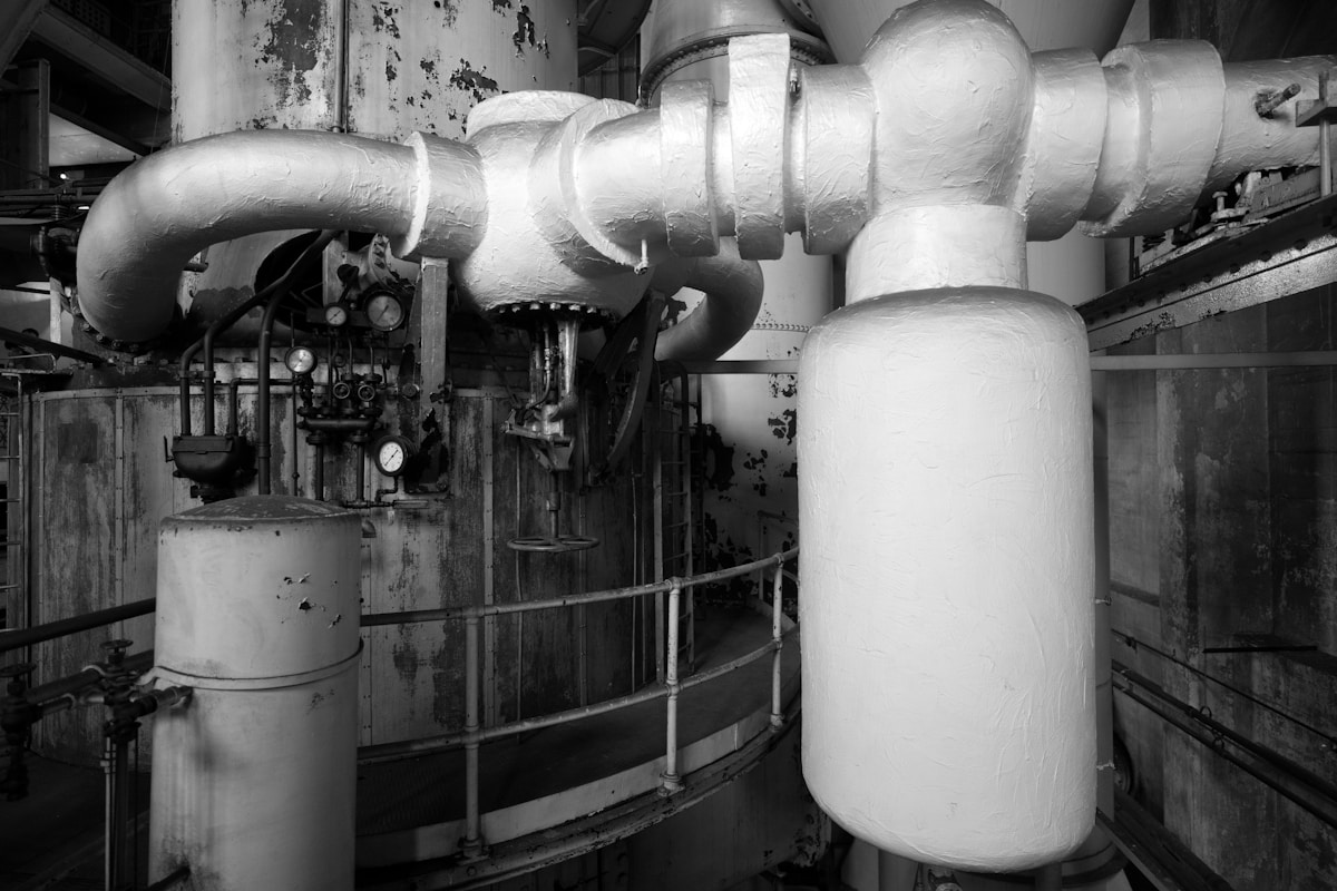 Tuyaux et équipements industriels en noir et blanc.