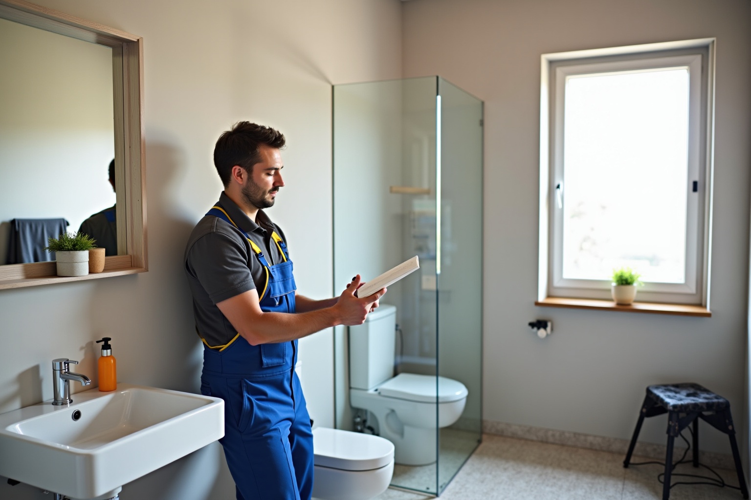 Plombier en uniforme bleu inspecte la salle de bain.