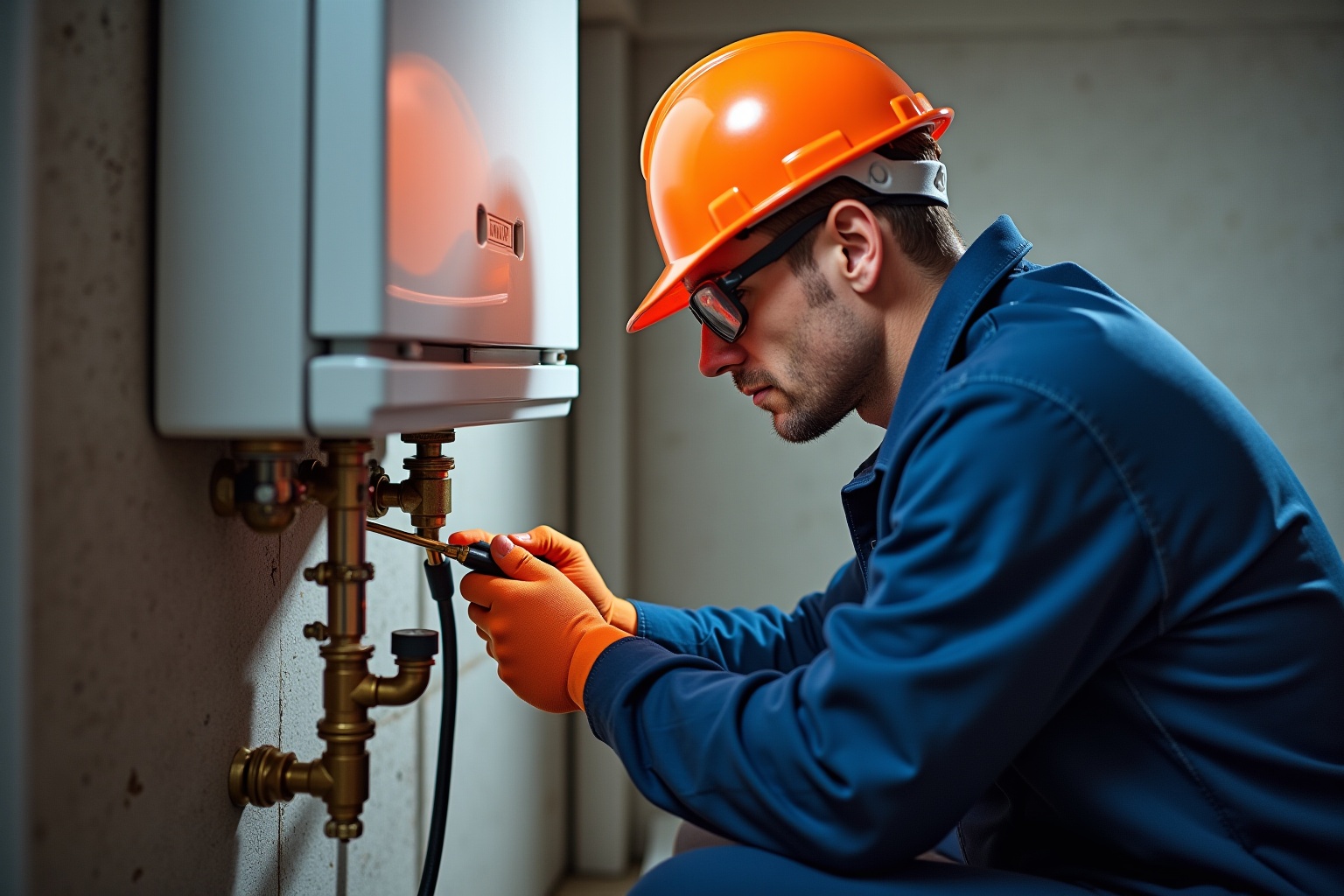 Ouvrier en uniforme bleu réparant un chauffe-eau avec des outils.