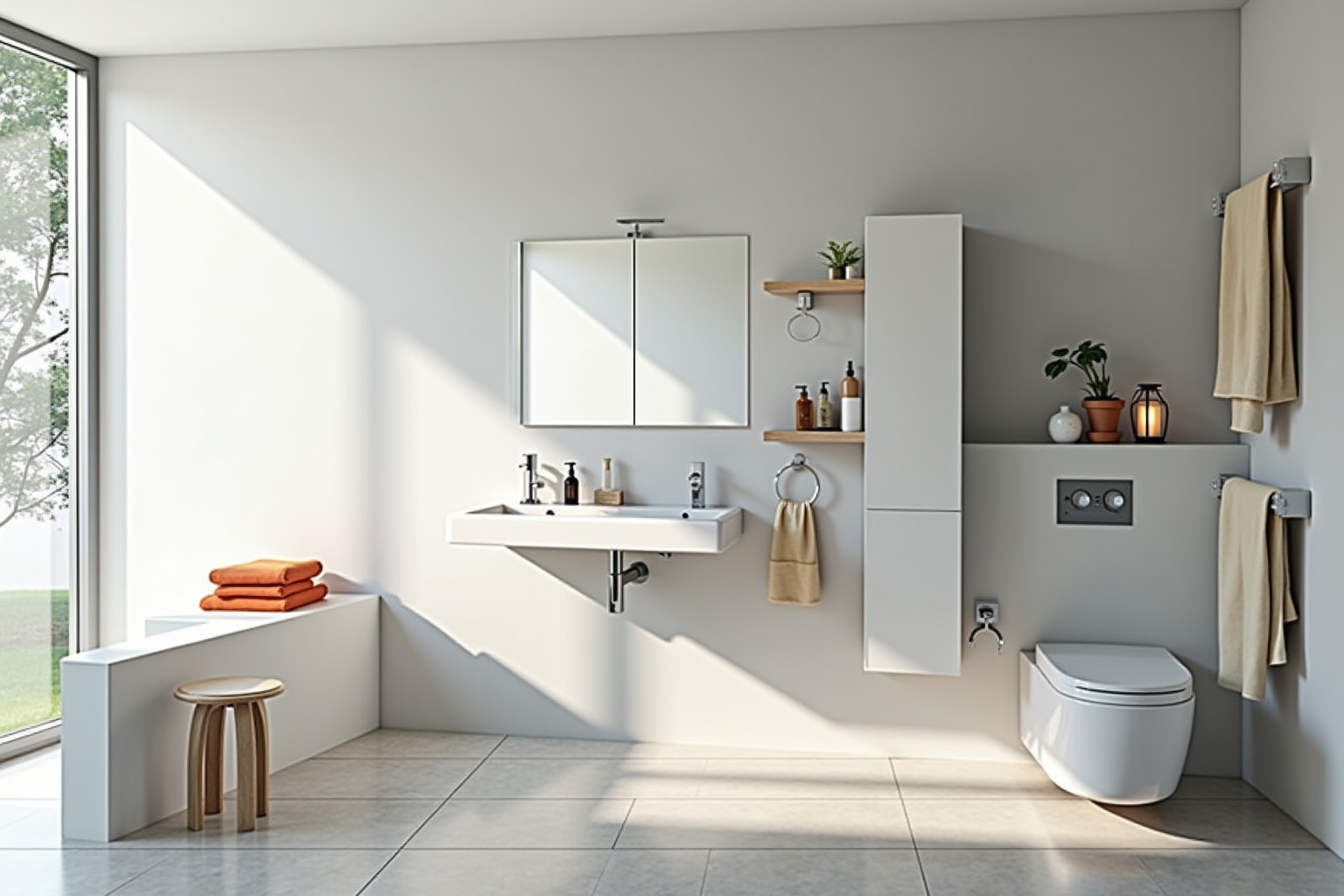 Salle de bain moderne et épurée avec mobilier blanc et gris.