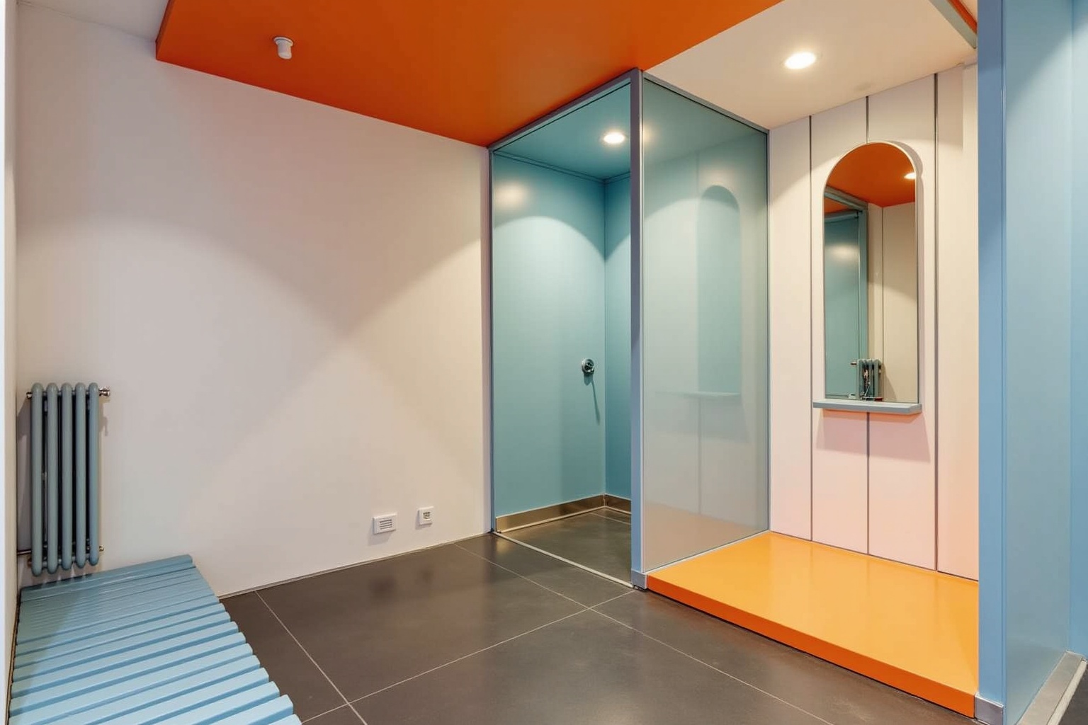 Salle de bain moderne avec murs colorés et douche en verre.