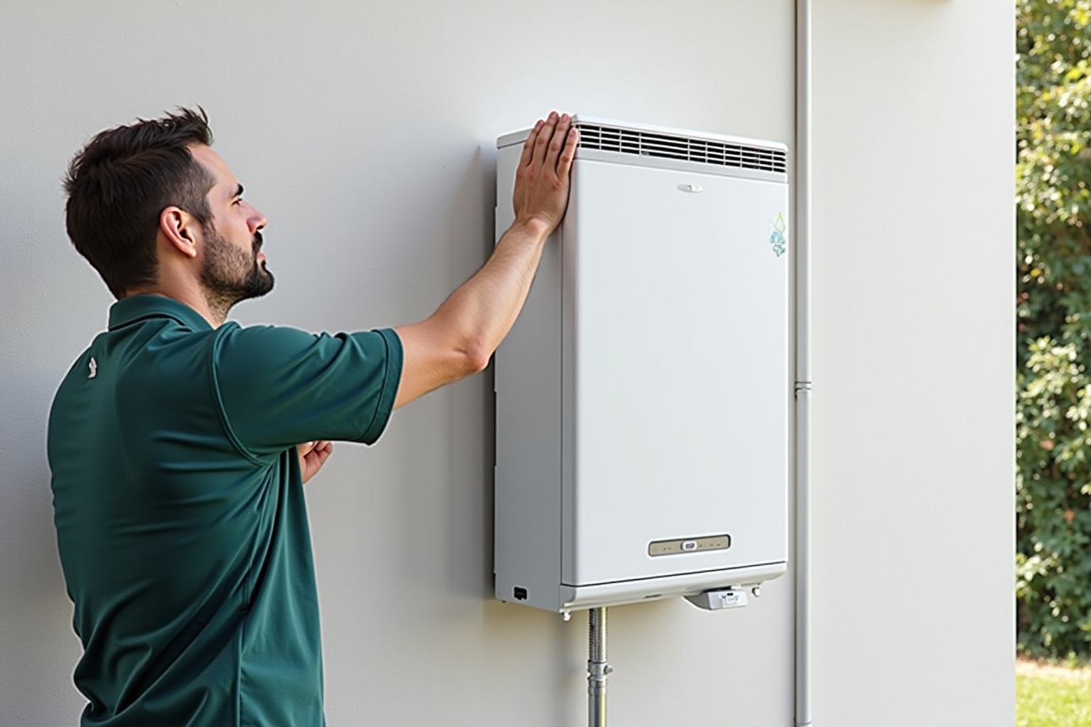 Homme installant un chauffe-eau mural dans une maison.
