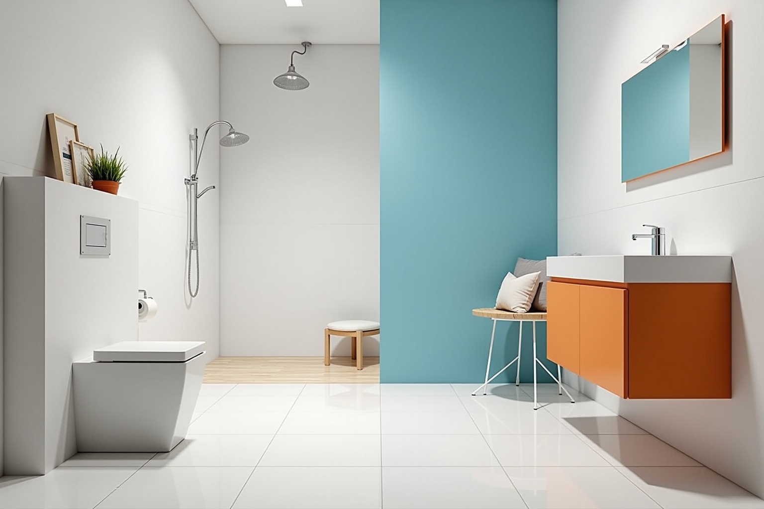 Salle de bain moderne avec murs bleus, meuble orange et miroir.