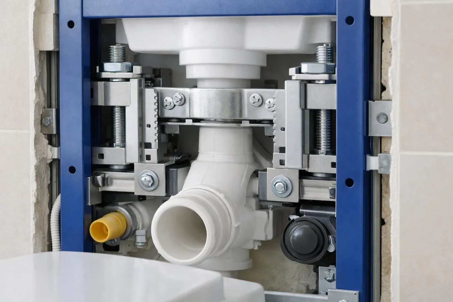 Mécanisme de plomberie avec tuyaux et raccords en plastique blanc.