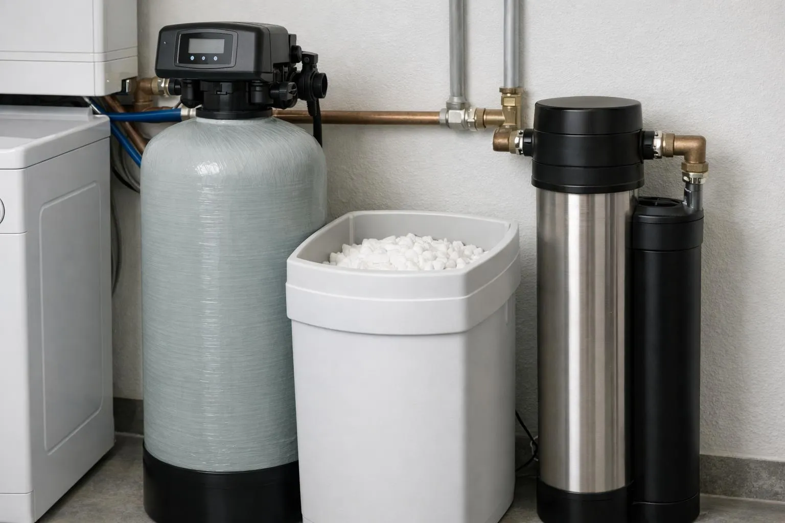 Système de filtration d'eau domestique avec réservoir et accessoires.