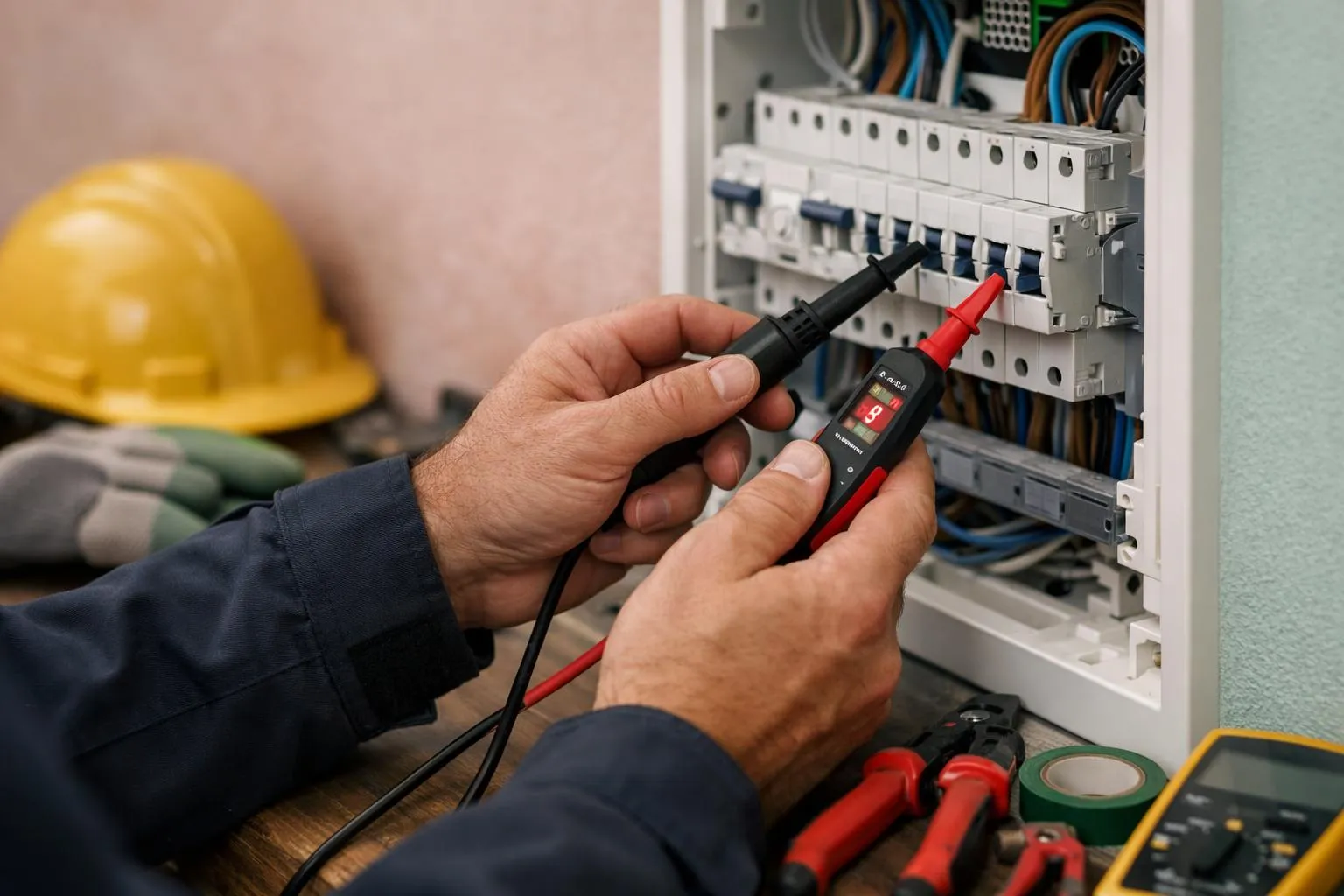 Électricien vérifiant le panneau électrique avec un multimètre.