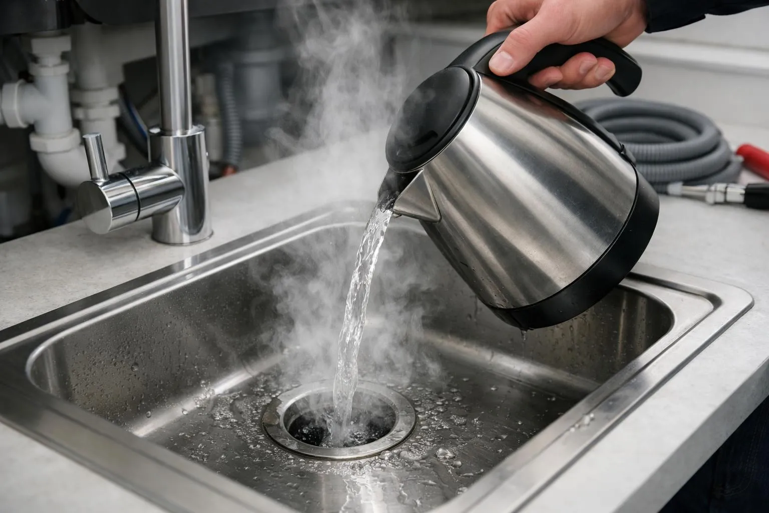 Bouilloire en métal versant de la vapeur d'eau dans un évier.
