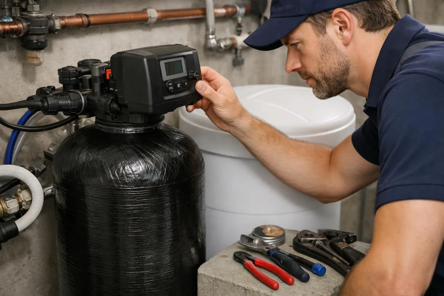 Plombier réglant un système de filtration d'eau dans une salle de bain.