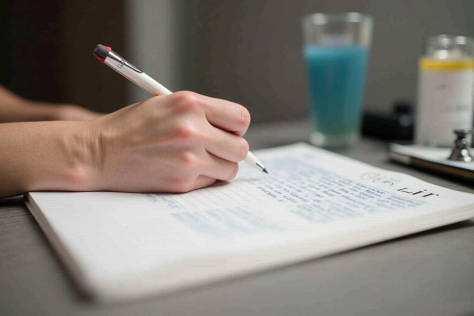 Main écrivant dans un cahier avec un verre d'eau bleue à côté.