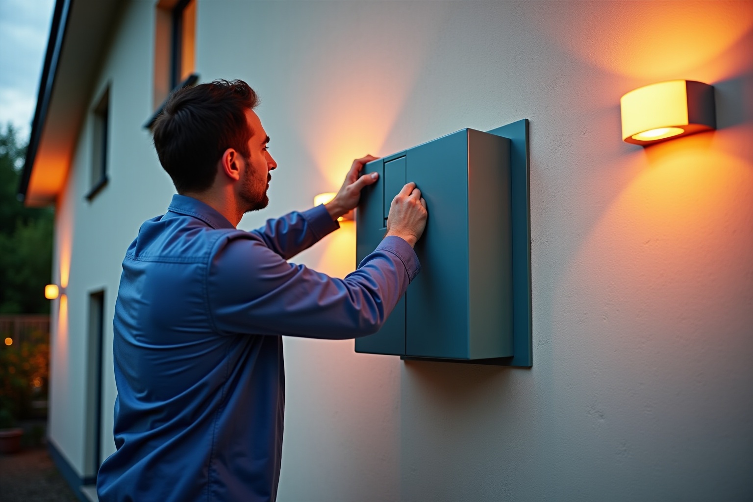 Homme installant un boîtier électrique mural dans une maison.