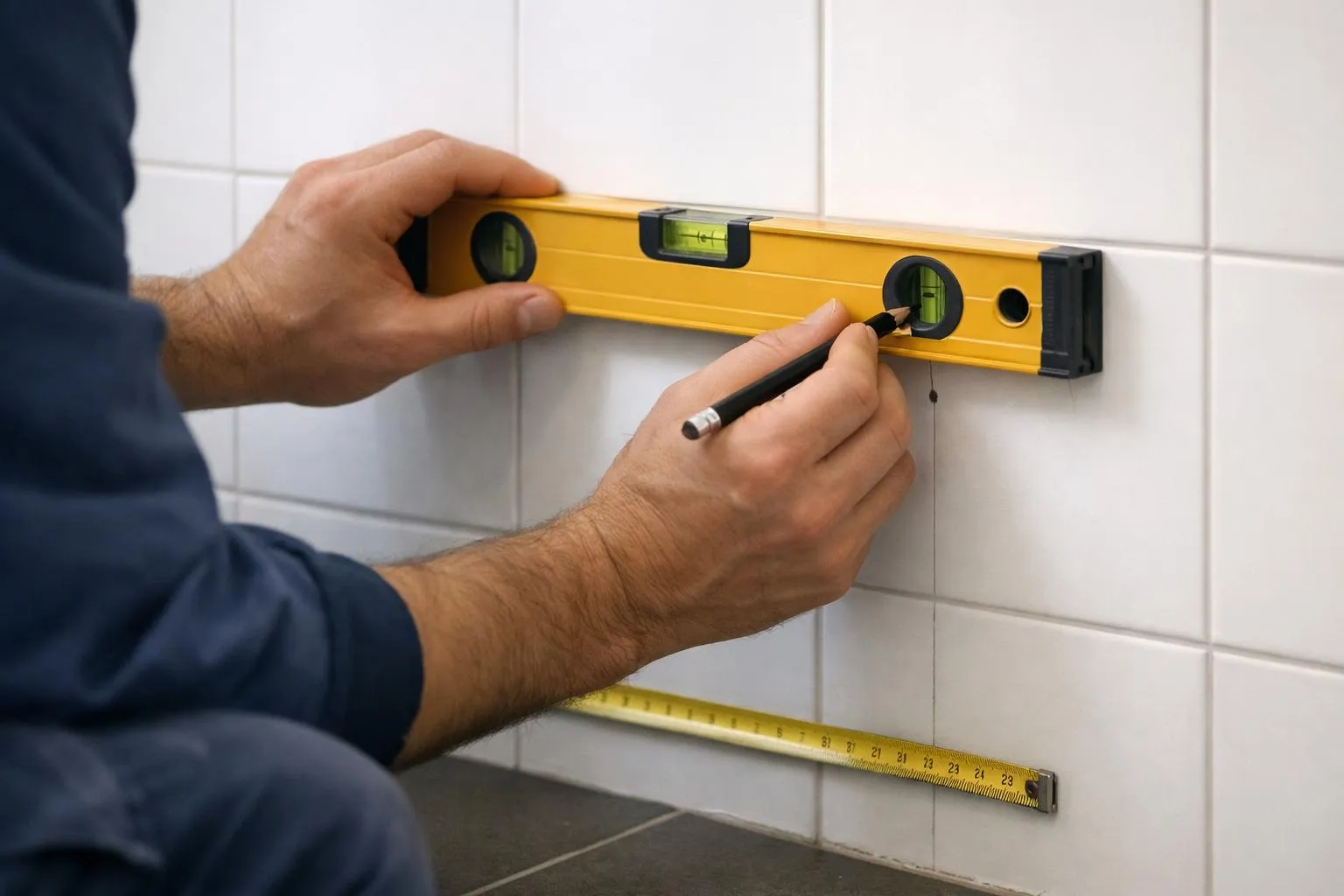 Mains d'un homme utilisant un niveau à bulle pour mesurer et aligner un mur.