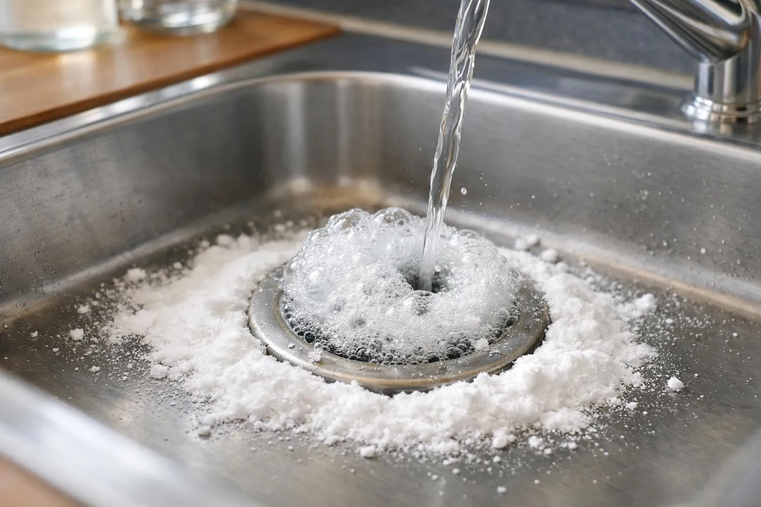 Beignet recouvert de sucre en poudre sous un jet d'eau.