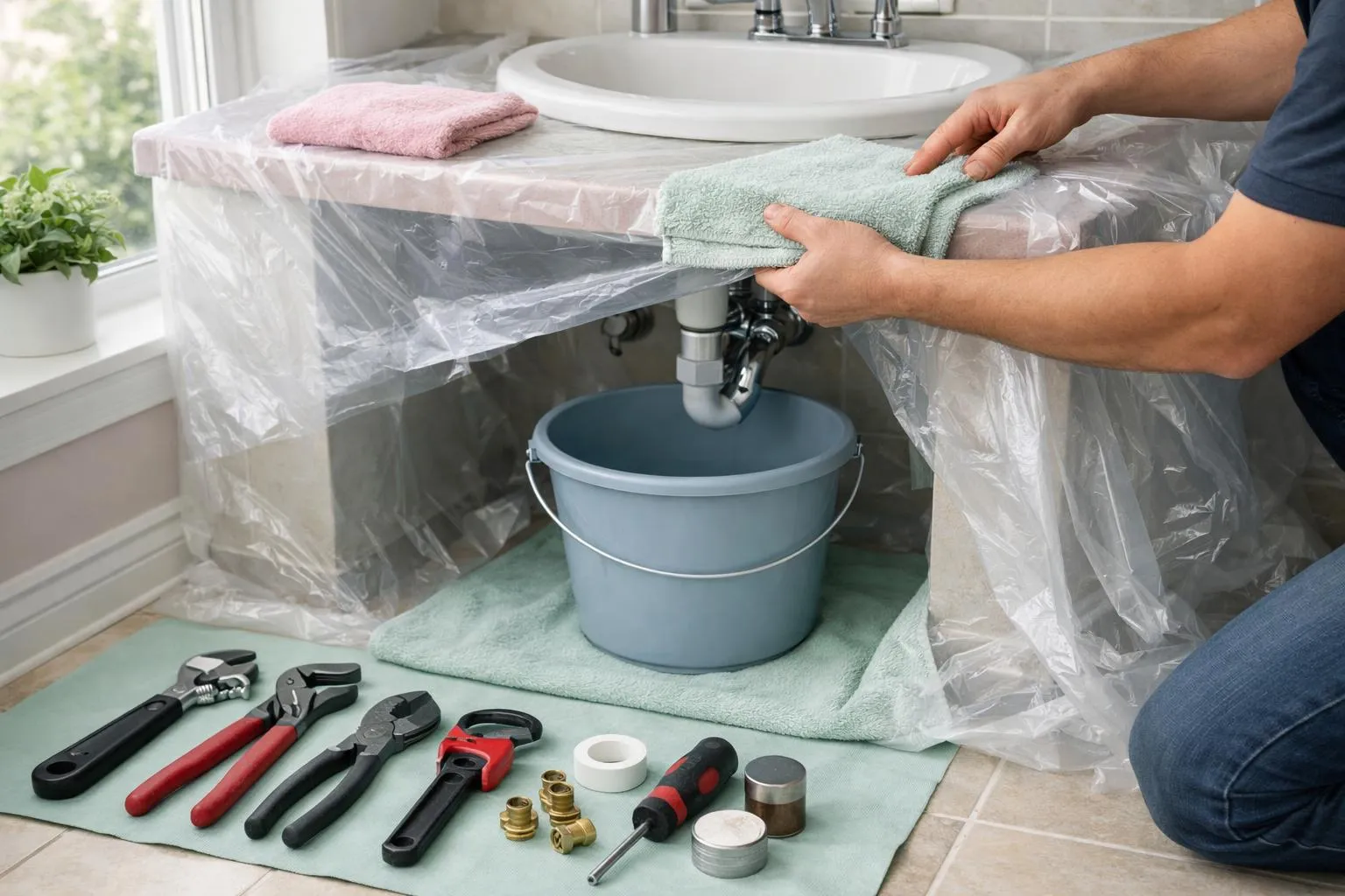 Outils de plomberie et serviettes dans une salle de bain en rénovation.