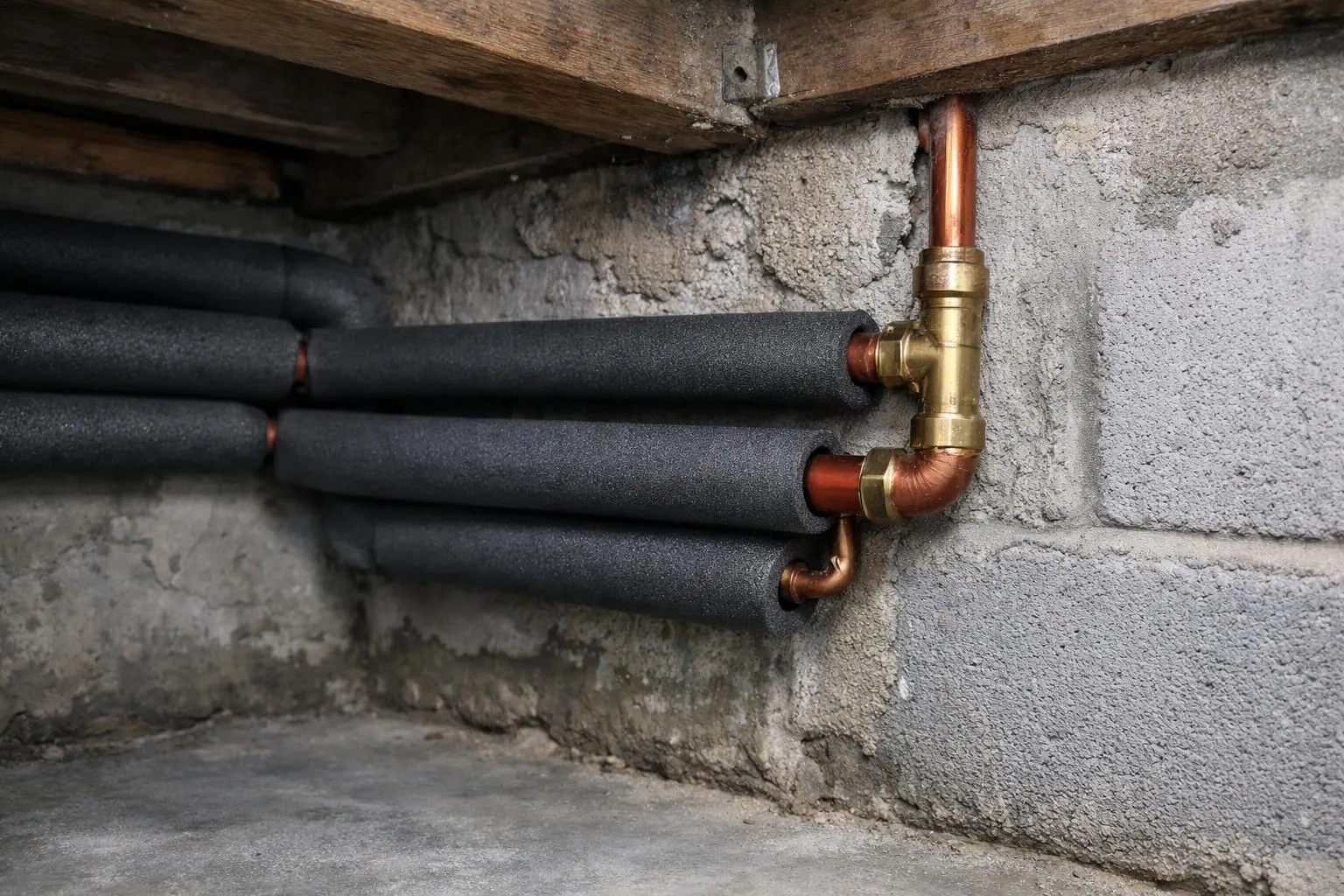 Tuyaux de chauffage isolés dans un sous-sol en béton.
