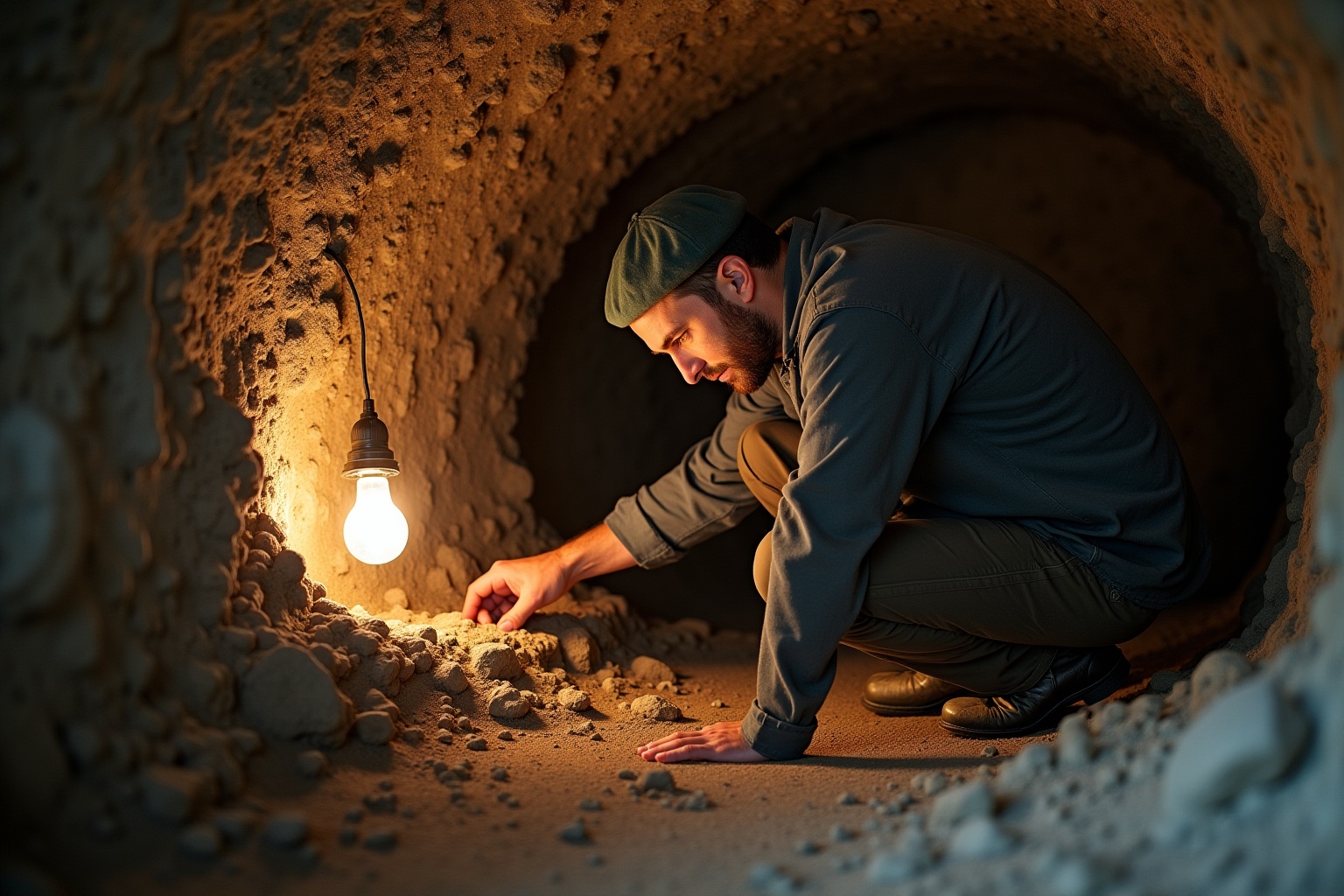 Homme explorant une grotte sombre avec une lampe suspendue.