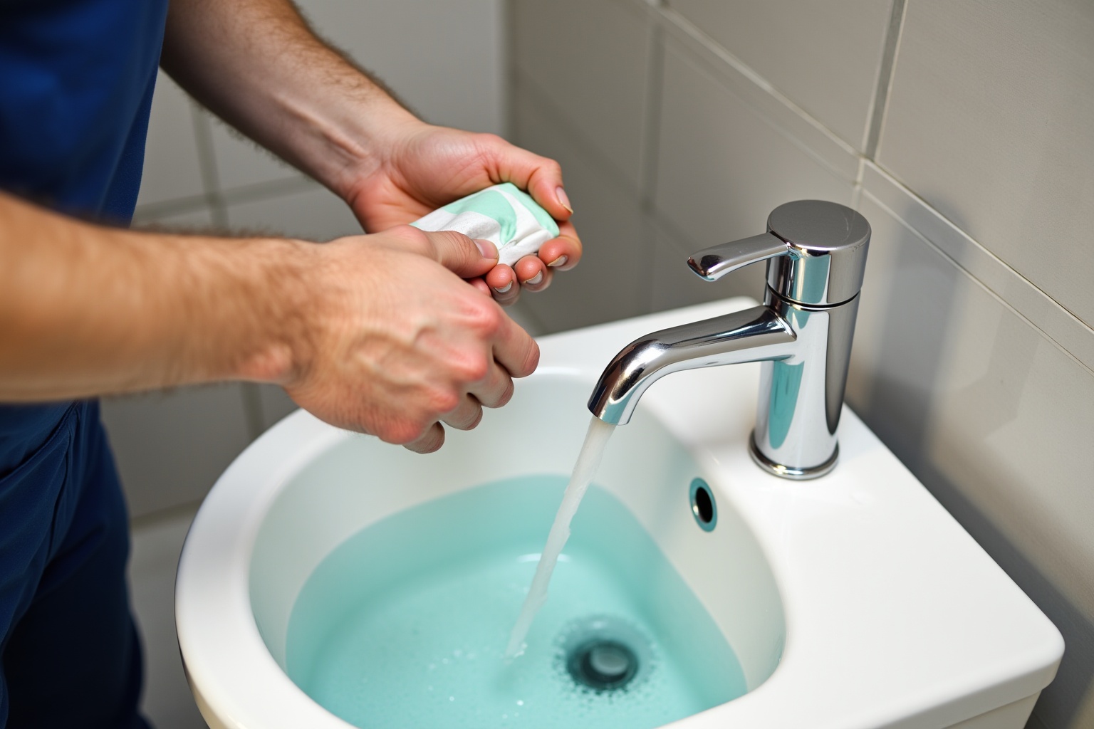 Mains lavant avec un savon dans un évier blanc et bleu.
