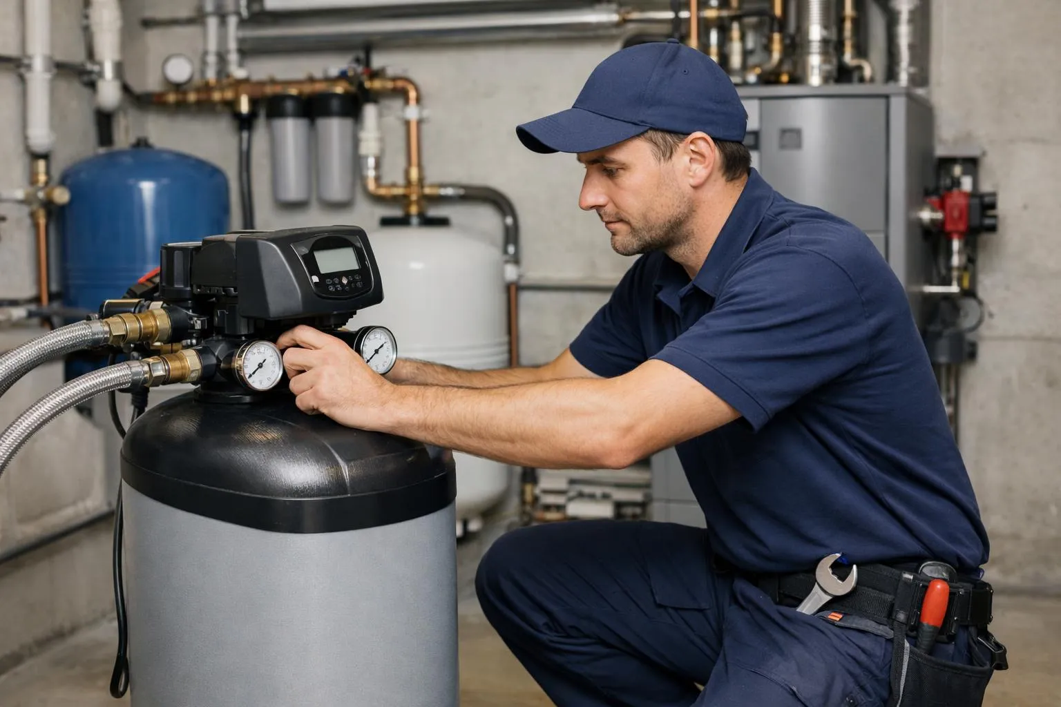 Technicien en uniforme bleu réparant un système de chauffage dans une salle des machines.