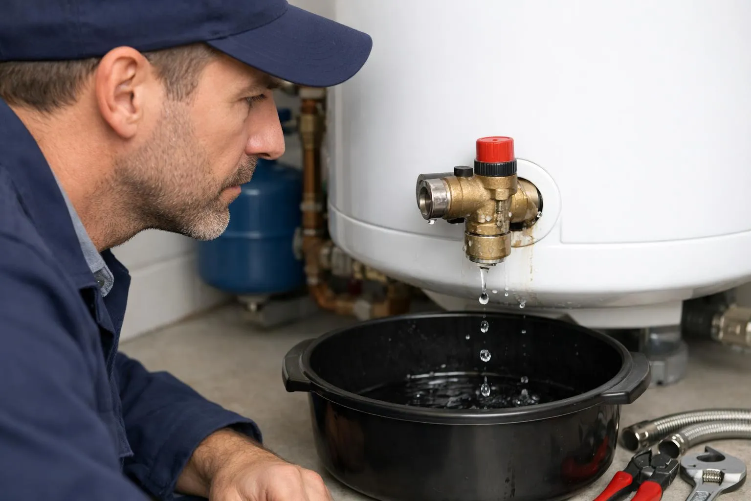 Plombier vérifiant le chauffe-eau et le tuyau d'eau.