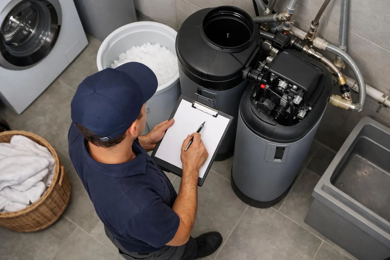 Technicien en uniforme bleu vérifiant et prenant des notes sur un chauffe-eau.