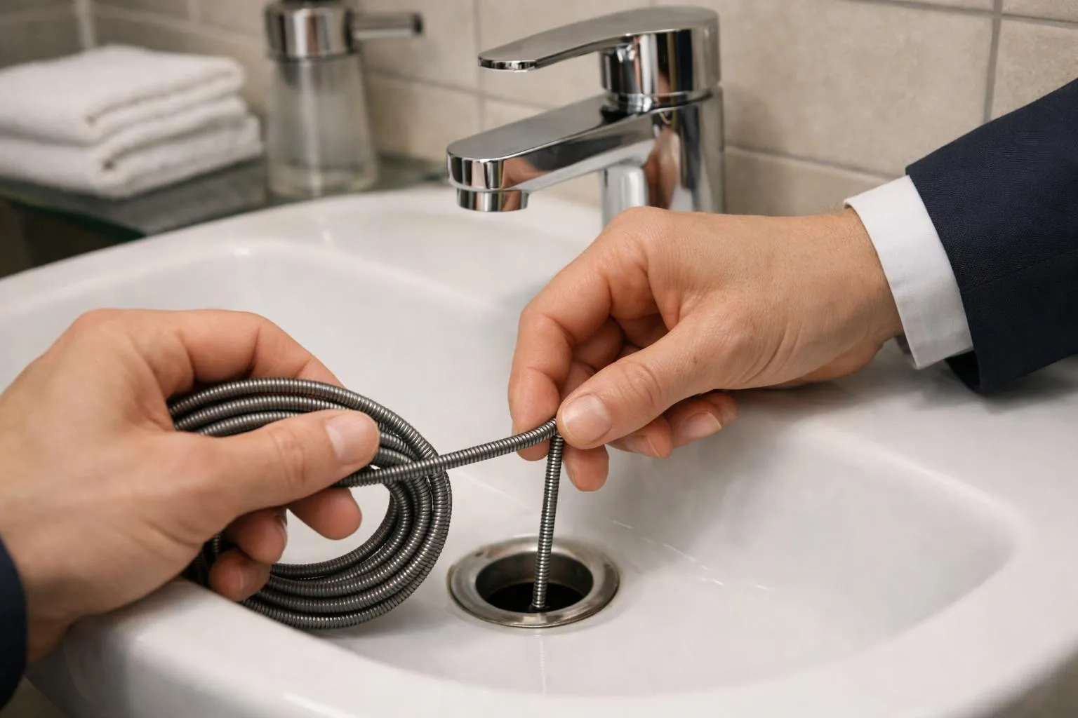 Mains installant un tuyau flexible de robinet de salle de bain.