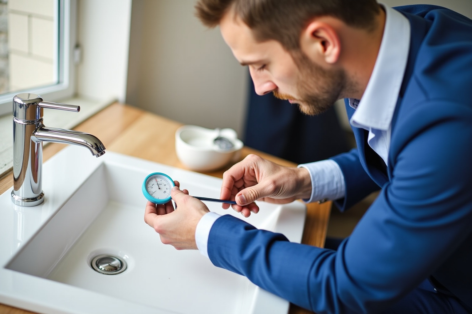 Homme d'affaires vérifiant la pression de l'eau avec un manomètre.