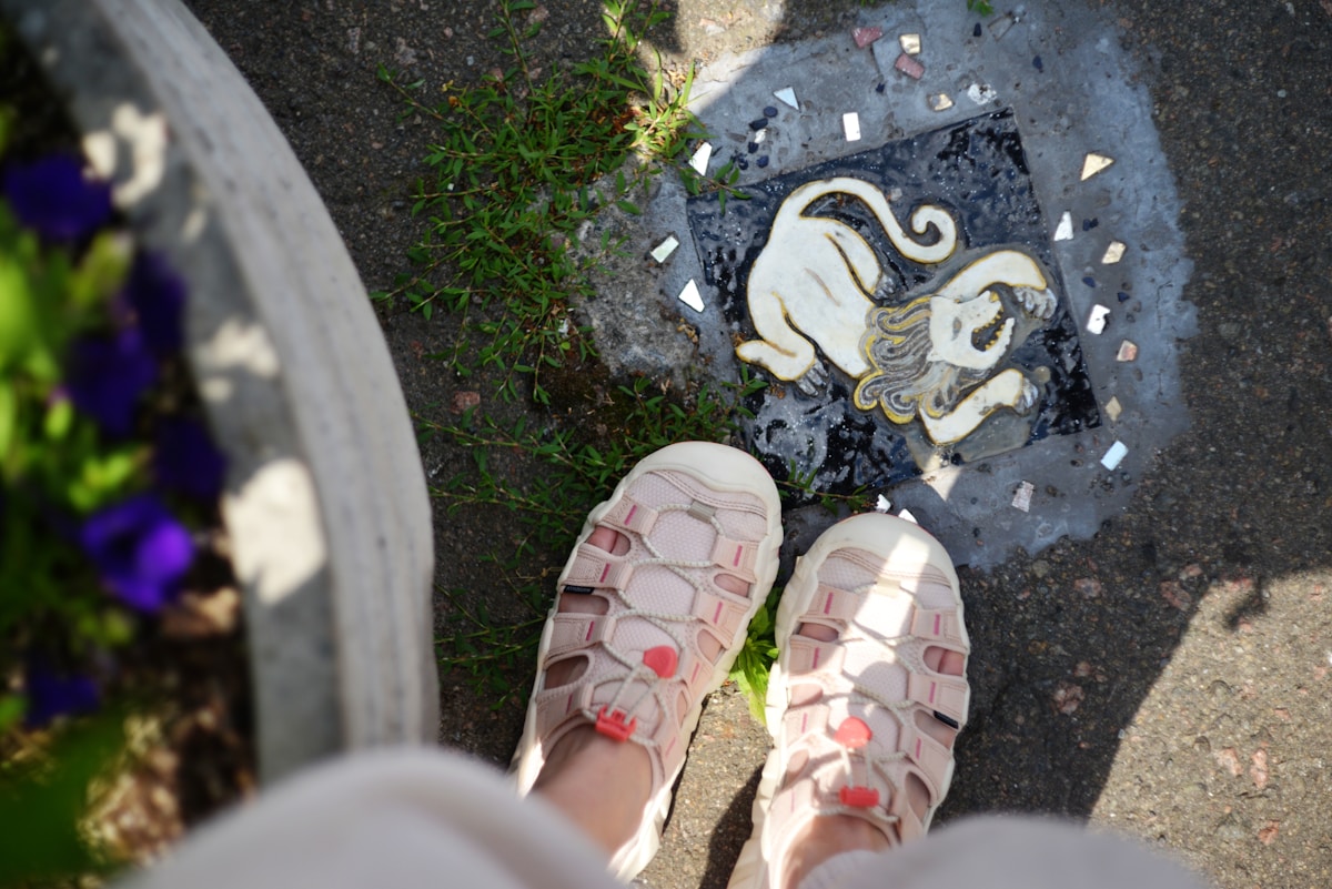 Chaussures de randonnée sur un sol avec mosaïque décorative.
