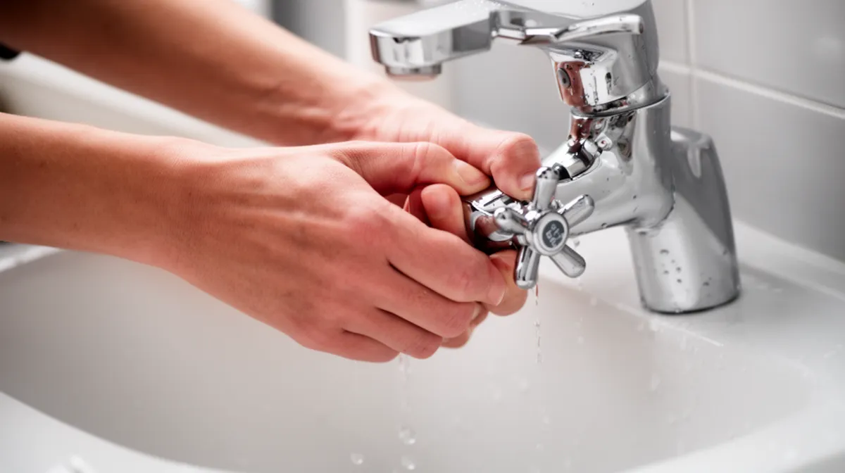 Mains se lavant sous un robinet d'eau courante.