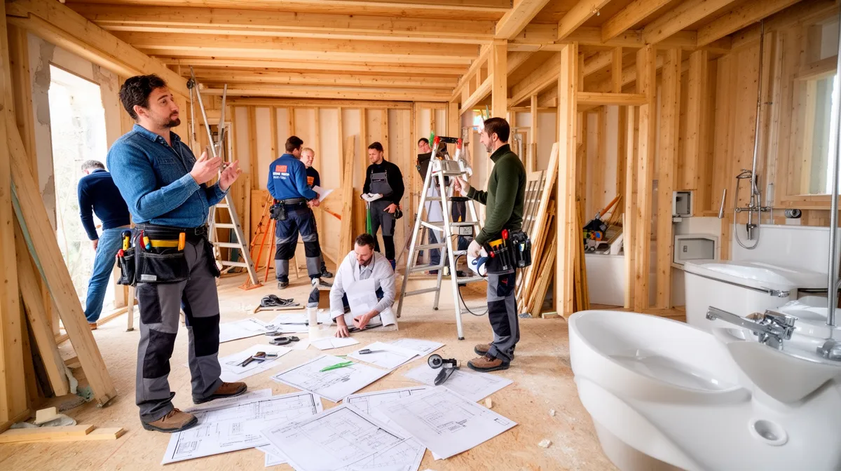 Groupe de travailleurs de la construction discutant des plans dans un chantier.