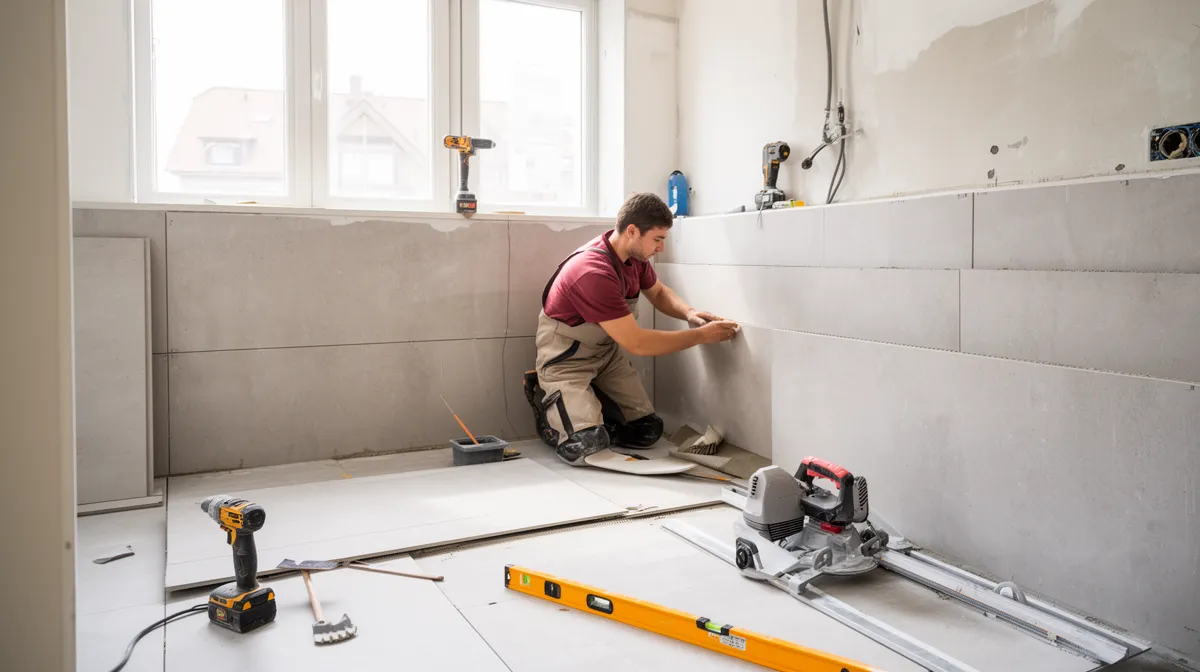 Homme en train de poser des carreaux de céramique sur un mur.