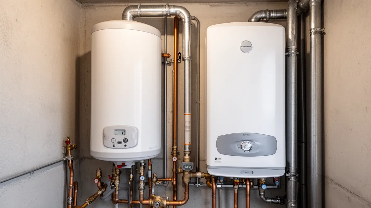 Chauffe-eau électriques et tuyauterie métallique dans un local technique.