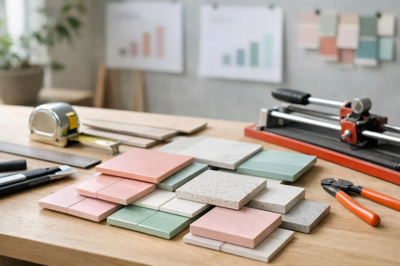 Scène d'atelier en gros plan montrant divers échantillons de carrelage céramique disposés sur une table avec des outils de mesure professionnels, de l'équipement de coupe et des graphiques de comparaison de la qualité visibles en arrière-plan, un cadre de construction professionnel avec