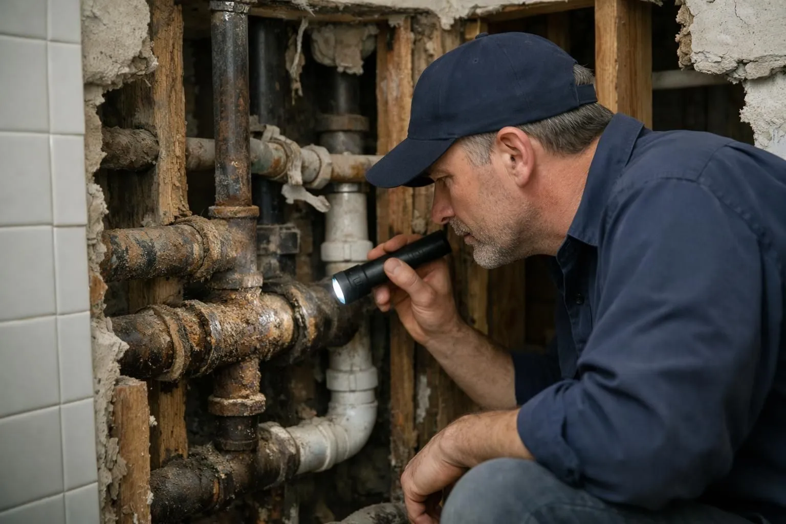 Un plombier inspecte des tuyaux corrodés et des systèmes de drainage derrière les murs de la salle de bain lors d'une rénovation à Genève, inspection professionnelle avec outils et lampe de poche, se concentrant sur l'infrastructure cachée qui affecte les coûts de rénov