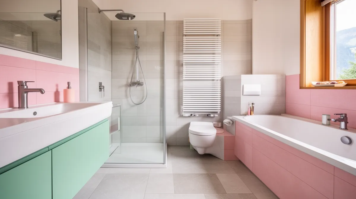 Salle de bain moderne avec des meubles pastel et une douche vitrée.