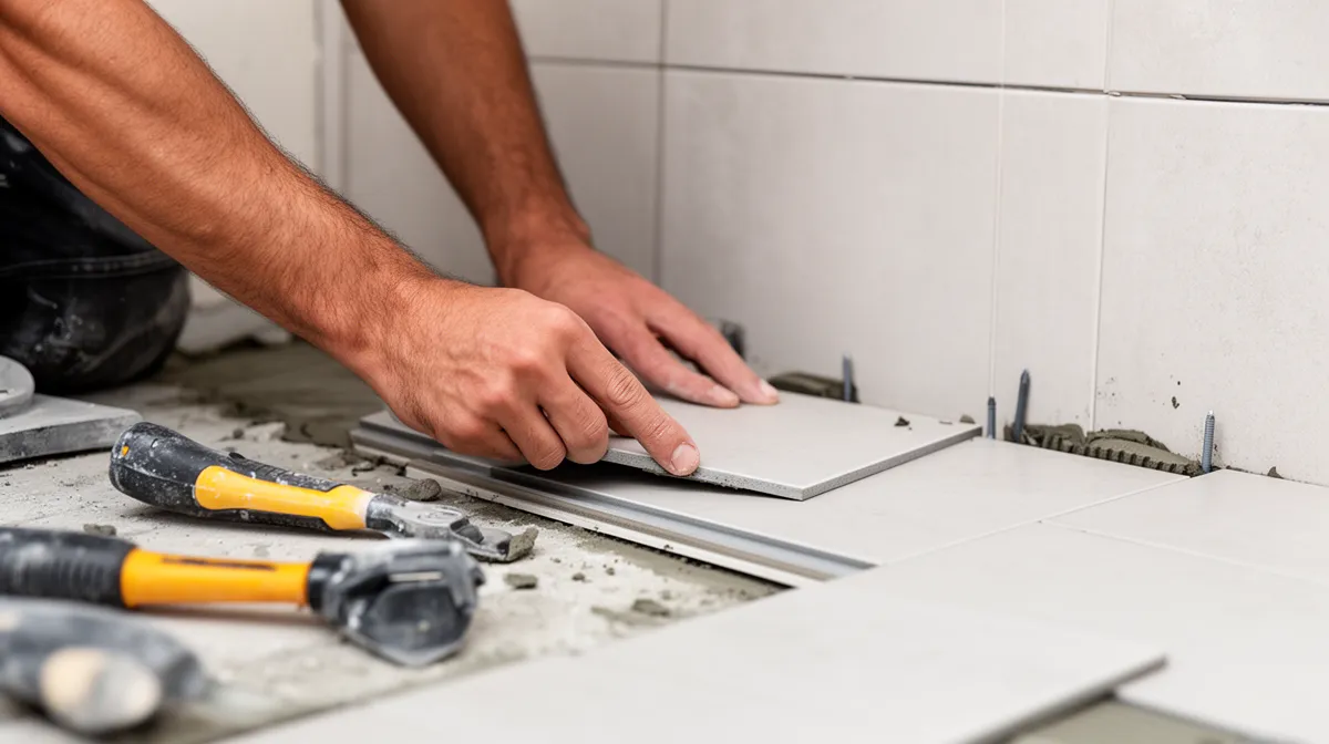 Mains d'un ouvrier installant des carreaux de sol avec des outils.